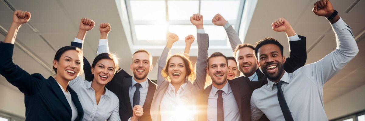 A diverse group of business professionals cheering with their fists raised in a bright office hallway.